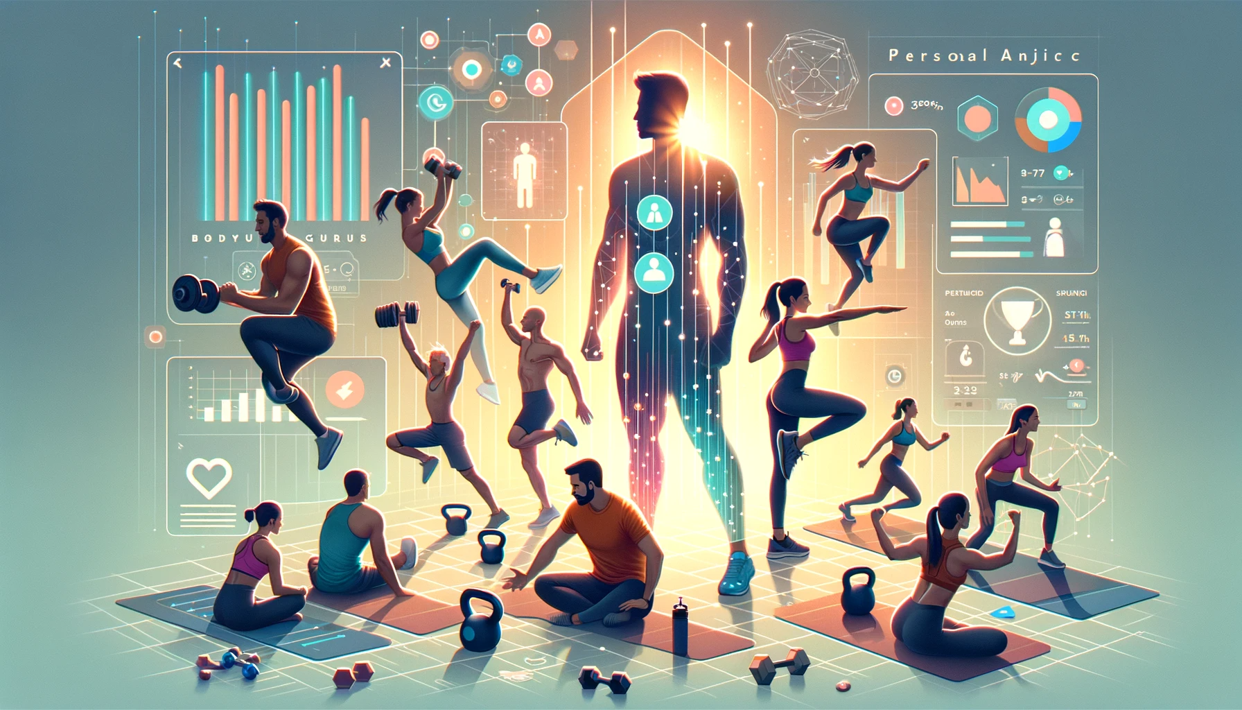 Signup image, group of fit people exercising surrounded by graphics representing analytics and data